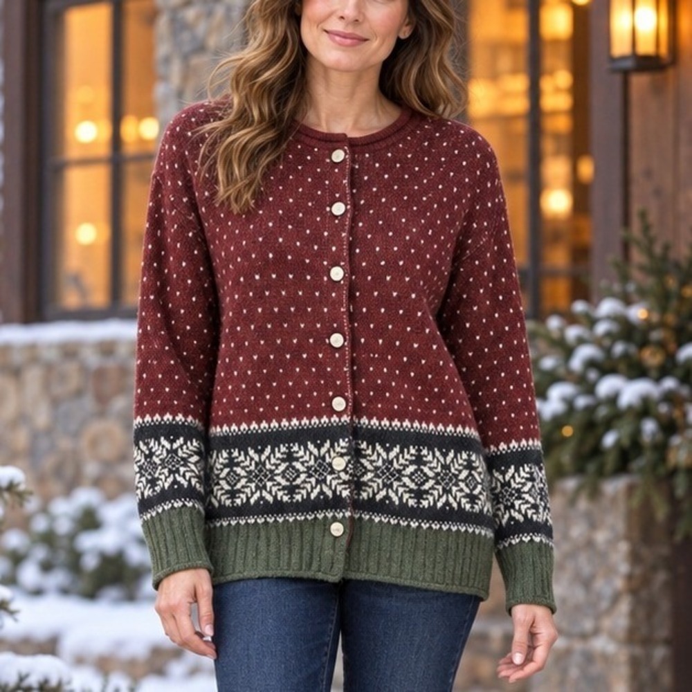 Vintage Tally-Ho Fair Isle Cardigan Sweater Burgundy Green Snowflake Womens Med